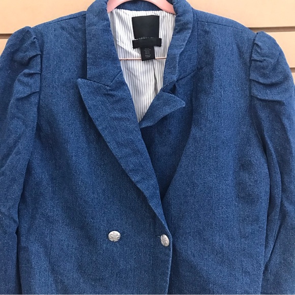 500 Maison Cinqcent Blue Denim Puff Sleeve Blazer Crop XL Jacket - Picture 4 of 16